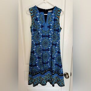 Maggy L Vibrant Blue Kaleidoscope Sleeveless Slit-Neck Fit & Flare Dress size 6